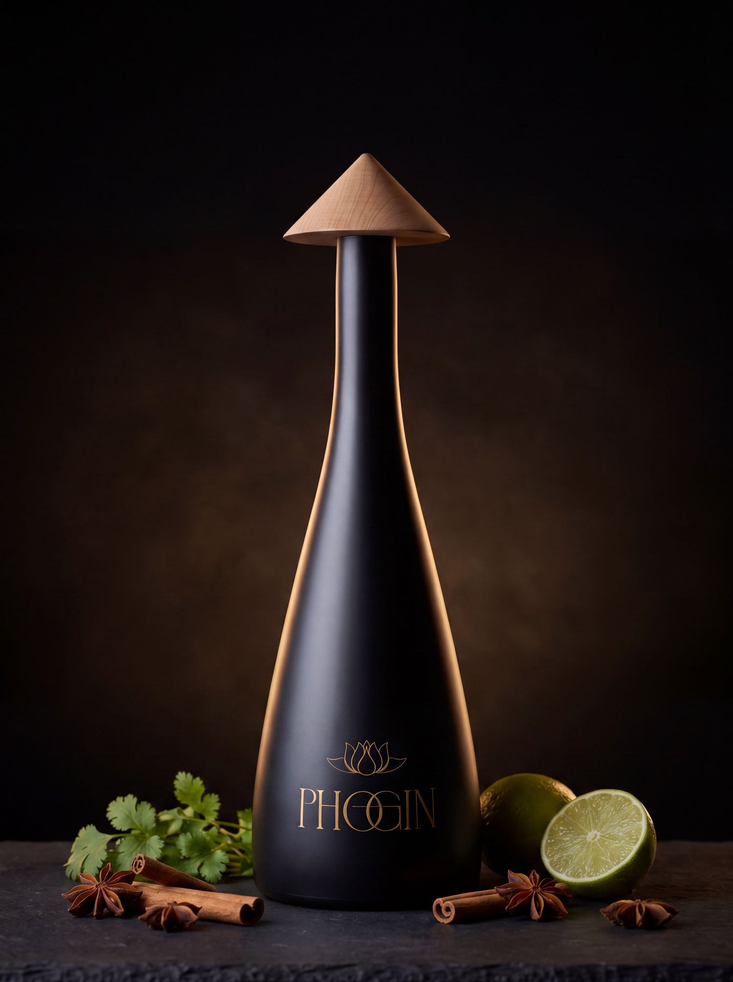 PHOGIN Flasche mit konischem Holzverschluss, umgeben von Gew&uuml;rzen, Koriander und Limette